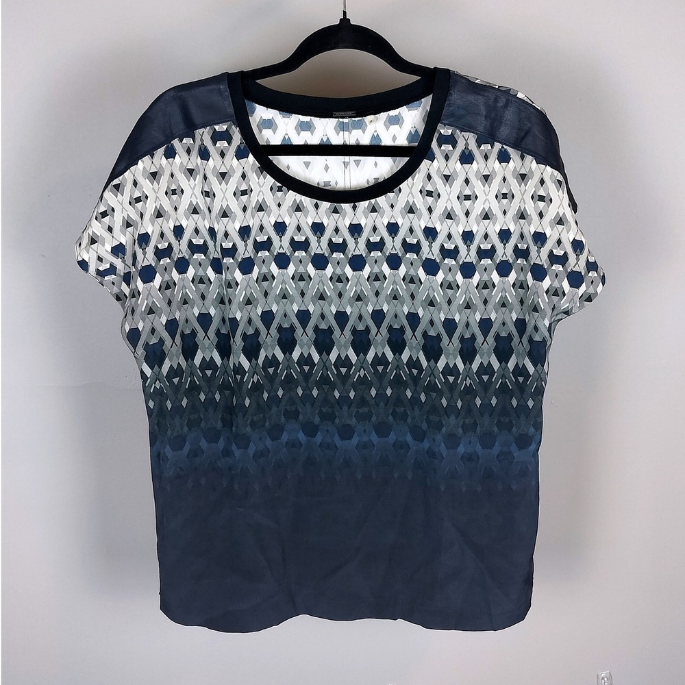 100% Silk Lamb Leather Accents Shoulder Geometric Blouse Navy Blue Elie Tahari
